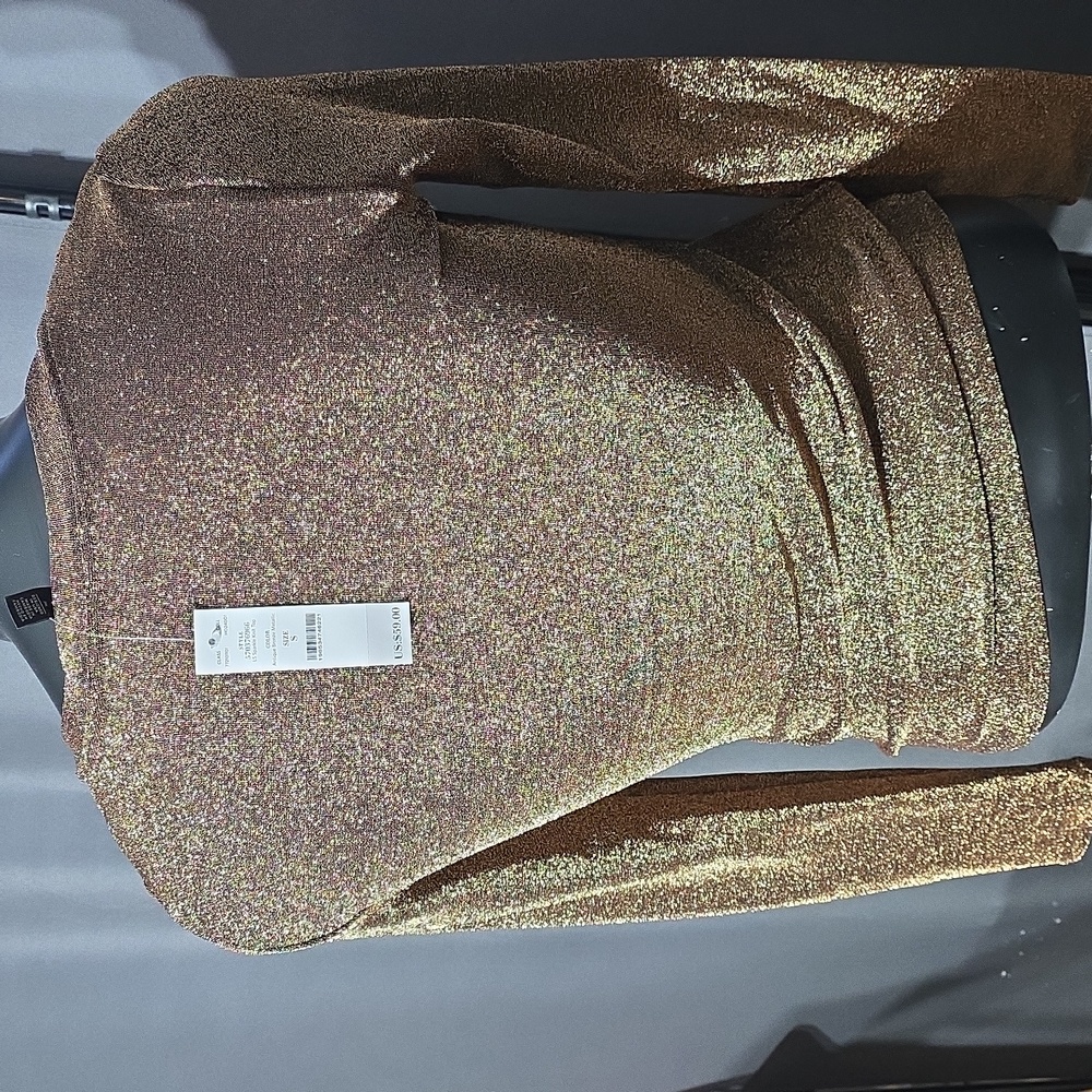 NWT WHBM Shiny Gold V-neck Knit Ls S - Picture 2 of 3